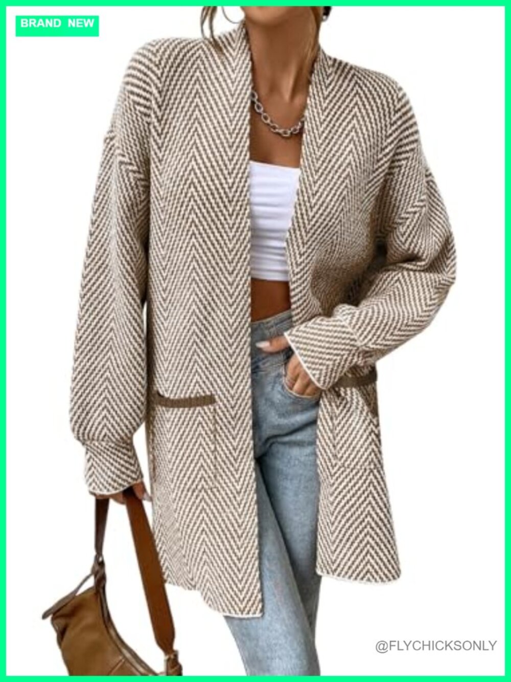 100% Acrylic Open Front Chevron Cardigan with Pockets